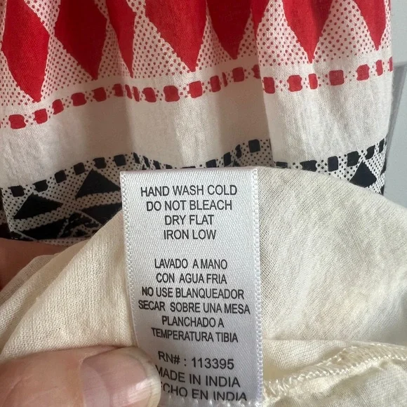 EN CRÈME Smocked Boho Pom Pom Mini Dress Red Cream Black Size XS TINY FLAW - Picture 10 of 11